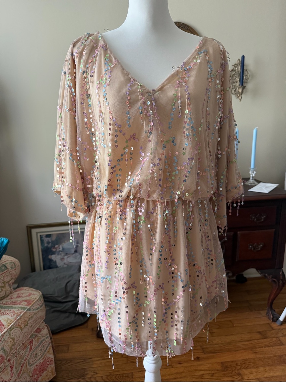 Sheer Sequin-Embellished Blush Tunic